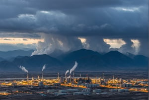 A dense layer of blue clouds illuminated in royalblue from above, a small golden sun, light gray mountains in the distance on the horizon among which power plants and industrial buildings can be seen, closer gray mountains on the horizon among which power plants and industrial buildings can be seen, black mountains on the horizon among which power plants and industrial buildings can be seen,