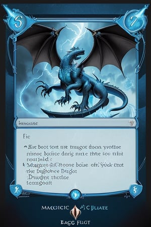 Magic the gathering dragon card,  in a blue frame with a light azure field under the image of a dragon,  with a detailed description of the rules of the card