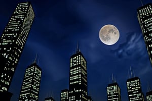 night, dark blue sky with blurry white clouds, full moon, black rectangular skyscrapers with small windows in which white light is visible, metal superstructures are visible at the tops of skyscrapers, brown cubes and a few gray cubes are visible at the base of skyscrapers, the earth is brown mud or clay,