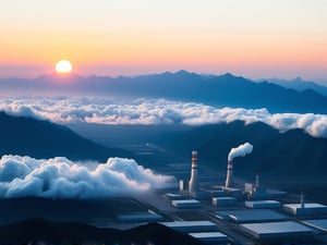 a dense layer of gray clouds illuminated in light rose color from above, a small golden sun, light gray mountains in the distance on the horizon among which power plants and industrial buildings can be seen, closer gray mountains on the horizon among which power plants and industrial buildings can be seen, black mountains on the horizon among which power plants and industrial buildings can be seen,