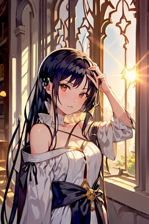 This image showcases the anime girl with bangs and medium-long hair in a school library, bathed in the light of the sun that creates a fusion of morning clarity and sunset charm. The atmosphere is timeless, suggesting that this beautiful day has stepped out of the regular flow of time and feels like it will last forever.