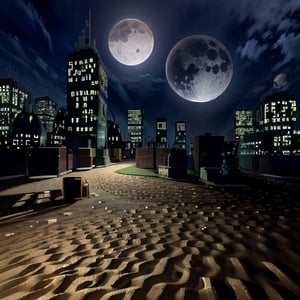 city, night, moon, sky, sand,