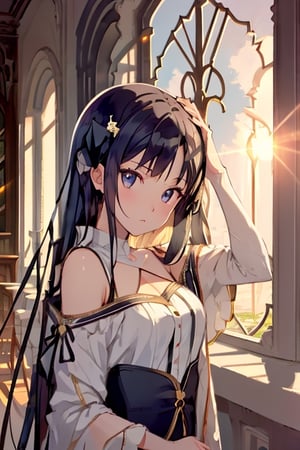 This image showcases the anime girl with bangs and medium-long hair in a school library, bathed in the light of the sun that creates a fusion of morning clarity and sunset charm. The atmosphere is timeless, suggesting that this beautiful day has stepped out of the regular flow of time and feels like it will last forever.