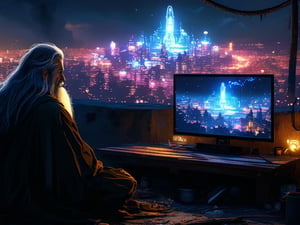 A homeless person who sits at a wooden table in front of a square black monitor and it generates images of a futuristic city, there is a dark system unit on the floor, he has long gray hair with a gray beard of about 55 years old, he is dressed in a dark brown wizard's cape, the environment is a typical homeless person's home, a semi-dump, in the open wall you can see a bright futuristic night city.