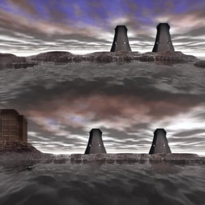 rocky coast, sky, water, cooling tower, skyscrapers,