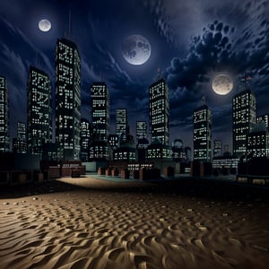 city, night, moon, sky, dirt, sand,