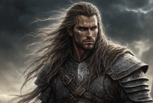 Create a portrait of the main antagonist of the demigod, he has long, flowing hair the color of storm clouds, serpentine creature with scales as black as night, glowing eyes like lightning, and razor-sharp teeth. </br> It is impossible to tell its age or gender as it is a mythological creature. captivating with mystery and at the same time repulsive, from whose gaze your throat dries up and you are speechless, but you can feel his strong spirit and sense of heroism, so that sometimes you don't understand whether he is a villain or a hero in front of you. Style of Medieval fantasy warrior art by Luis Royo. tan, black, tan, blanchedalmond colors. 8K HD.