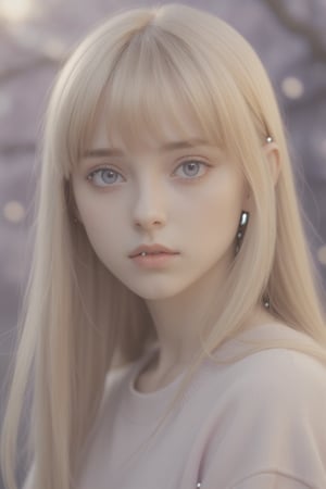 Anime style portrait of a young woman with long straight golden hair and bangs, soft violet eyes, delicate facial features, The expression is serene and slightly melancholic. Soft lighting, pastel color palette. High-quality, detailed anime art style. 