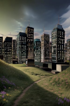 city, morning, cityscape, green grass,