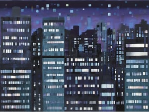 night, cloud lumened by city, bright moon, dark-gray-purple sky; sky scrapers square and rectangular skyscrapers with white frequent square windows, shades of skyscraper windows: dark blue, dark turquoise. The roofs of skyscrapers from dark squares or illuminated with a dim blue border,