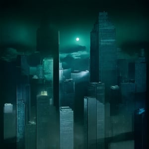 night, cloud lumened by city, bright moon, dark-green sky; sky scrapers square and rectangular skyscrapers with white frequent square windows, shades of skyscraper windows: dark green, dark turquoise. The roofs of skyscrapers from dark squares or illuminated with a dim blue border,