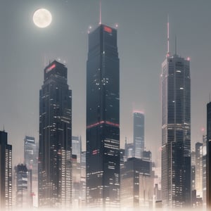 light bluish gray-light skyscrapers sometimes with a light greenish tint with frequent square windows, above two skyscrapers a red diode warning aircraft; with a dark gray sky and a light gray sky illuminated by a bright white-blue moon,