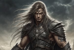 Create a portrait of the main antagonist of the demigod, he has long, flowing hair the color of storm clouds, serpentine creature with scales as black as night, glowing eyes like lightning, and razor-sharp teeth. </br> It is impossible to tell its age or gender as it is a mythological creature. captivating with mystery and at the same time repulsive, from whose gaze your throat dries up and you are speechless, but you can feel his strong spirit and sense of heroism, so that sometimes you don't understand whether he is a villain or a hero in front of you.
Style of Medieval fantasy warrior art by Luis Royo. tan, black, tan, blanchedalmond colors. 8K HD.