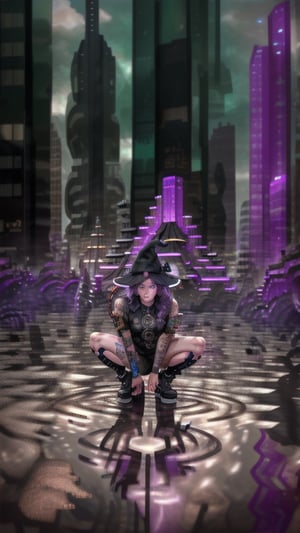 best quality, masterpiece, (detailed:1.2), 1girl, mona, squatting, cutesie, witch hat, science fiction, cyberpunk, purple hair, chromatic aberration, outdoors, city, crowd, faceless crowd","wallpaper, 1boy, solo, male focus, tattoo, monochrome, cyberpunk, (chromatic aberration), detailed background, mechanical parts, cable, indoors,pixel art,yunjindef