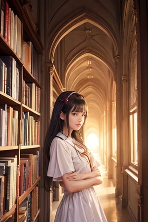 An anime girl with bangs and medium length hair in the school library, feels the breath of spring and sun, the sun falling on the shelves in the school library, creates a feeling of morning and at the same time has the charm of sunset, but in reality it is not clear what time, as if it was out of time, either It was such a good day that it seems that now it will always be like this.