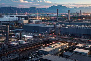 A dense layer of gray clouds illuminated in light blue color from above, a small golden sun, light gray mountains in the distance on the horizon among which power plants and industrial buildings can be seen, closer gray mountains on the horizon among which power plants and industrial buildings can be seen, black mountains on the horizon among which power plants and industrial buildings can be seen,