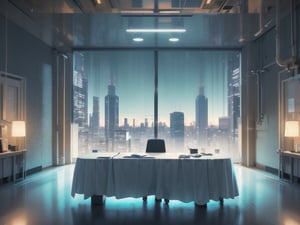 highly detailed photorealistic 3d image of noir style detective standing in office thinking about case, around table with compter led display, night. sky scrapers with white frequent square windows, shades of skyscraper windows are light green, light blue, dark blue, dark turquoise. The roofs of skyscrapers are dark squares or illuminated with a dim blue border seen throught small window with blinds. cinematic lighting, background full sharp, hdr, octane render, unreal engine 5,