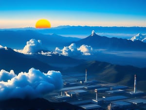 A dense layer of blue clouds illuminated in royalblue from above, a small golden sun, light gray mountains in the distance on the horizon among which power plants and industrial buildings can be seen, closer gray mountains on the horizon among which power plants and industrial buildings can be seen, black mountains on the horizon among which power plants and industrial buildings can be seen,