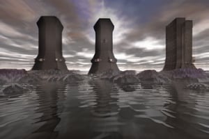 rocky coast, skyscrapers, sky, water, cooling tower, 