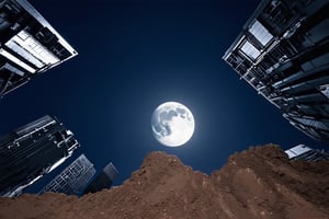 night, dark blue sky with blurry white clouds, full moon, black rectangular skyscrapers with small windows in which white light is visible, metal superstructures are visible at the tops of skyscrapers, brown cubes and a few gray cubes are visible at the base of skyscrapers, the earth is brown mud or clay