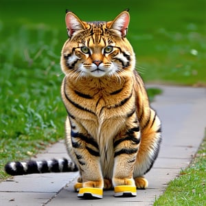 Wow, that's one majestic cat! It's almost like a tiger and a domestic cat had a super cool fusion. wearing yellow sneakers And about that '110', maybe it's part of a top-secret feline mission?