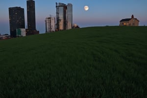 a huge hilly field covered with grass with partially clayey inclusions, green and brown boxes are visible very far away, also behind the hills narrow black skyscrapers with white windows with a yellowish tint are visible, green and brown boxes are visible far away, a dimly lit and dull black building with an orangish glow from sunset, you can see a small white bright advertisement with incomprehensible outlines, black skyscrapers with light yellow windows topped with metal structures standing right in the middle of the field reflect the light of the moon, in the distance you can see small two-story buildings with very small windows and a chimney, a little closer near the skyscrapers you can also see small two-story buildings buildings with very small windows and a chimney, not all skyscrapers are topped with metal structures, the sky on the horizon is from dark red to yellowish which sees off the departing sun, the moon is on the opposite side, the sky is soft blue topped by the moon on the opposite side of the sun, and a few stars, clouds light white very transparent barely visible,