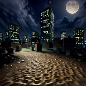 city, night, moon, sky, dirt, sand,