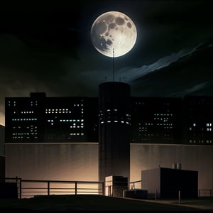rocky, night, buildings, cooling tower, yellow lights, moon,