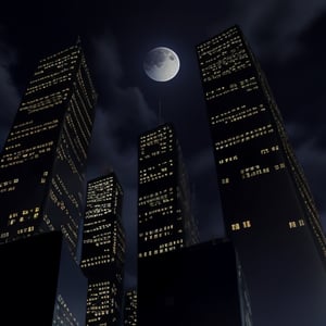 night, dark blue sky with blurry white clouds, full moon, black rectangular skyscrapers with small windows in which white light is visible, metal superstructures are visible at the tops of skyscrapers, brown cubes and a few gray cubes are visible at the base of skyscrapers, the earth is brown mud or clay, far focus, twinkling windows and stars, brilliant coloring, crispy quality, vray; Pixar, ; HD, HDR, SF, CGSociety, 16k, photorealistic, unreal engine