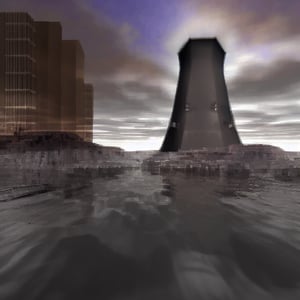 rocky coast, sky, water, cooling tower, skyscrapers,