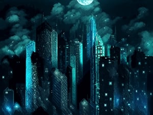 night, cloud lumened by city, bright moon, dark-green sky; sky scrapers square and rectangular skyscrapers with white frequent square windows, shades of skyscraper windows: dark blue, dark turquoise. The roofs of skyscrapers from dark squares or illuminated with a dim blue border,