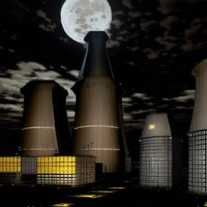 rocky, night, buildings, cooling tower, yellow lights, moon,