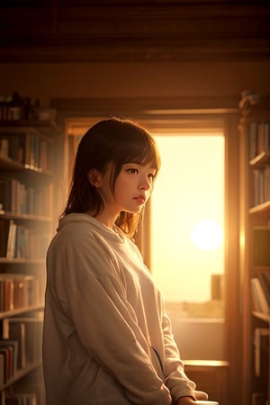 An anime girl with bangs and medium length hair in the school library, feels the breath of spring and sun, the sun falling on the shelves in the school library, creates a feeling of morning and at the same time has the charm of sunset, but in reality it is not clear what time, as if it was out of time, either It was such a good day that it seems that now it will always be like this.