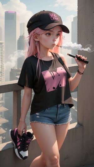 girl with pink shoulder-length hair in a brown cap smoking a vape dressed in denim short black shorts with torn ends and a black T-shirt on her white sneakers, around a futuristic city