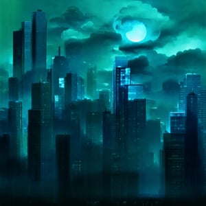 night, cloud lumened by city, bright moon, dark-green sky; sky scrapers square and rectangular skyscrapers with white frequent square windows, shades of skyscraper windows: dark green, dark turquoise. The roofs of skyscrapers from dark squares or illuminated with a dim blue border,