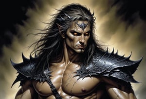 Create a portrait painting of the main antagonist of the demigod, serpentine creature with scales as black as night, glowing eyes like lightning, and razor-sharp teeth. </br> It is impossible to tell its age or gender as it is a mythological creature. Style of Medieval fantasy warrior art by Luis Royo. tan, black, tan, blanchedalmond colors. 8K HD.