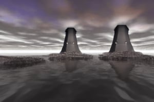 rocky coast, skyscrapers, sky, water, cooling tower, 