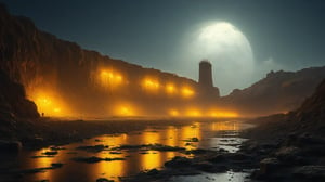 rocky, night, buildings, cooling tower, yellow lights, moon,