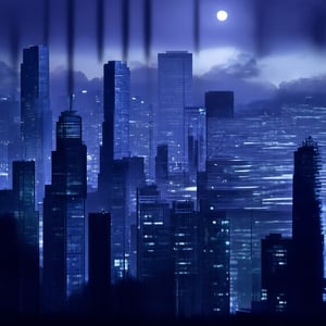 night, cloud lumened by city, bright moon, dark-gray-purple sky; sky scrapers square and rectangular skyscrapers with white frequent square windows, shades of skyscraper windows: dark blue, dark turquoise. The roofs of skyscrapers from dark squares or illuminated with a dim blue border,