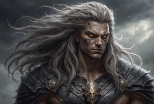 Create a portrait of the main antagonist of the demigod, he has long, flowing hair the color of storm clouds, serpentine creature with scales as black as night, glowing eyes like lightning, and razor-sharp teeth. </br> It is impossible to tell its age or gender as it is a mythological creature. Style of Medieval fantasy warrior art by Luis Royo. tan, black, tan, blanchedalmond colors. 8K HD.