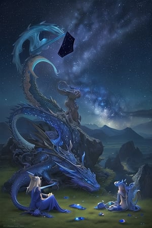 Tarot card, night, royal blue sky with stars and milky way, light azure clouds close to horizon, an awe-inspiring, artwork of the majestic light purple Dragon, this masterpiece showcases the power and mystique of the dragon in a mesmerizing, otherworldly setting. Young elf sitting around dragon and look to horizon, landscape is brushed green grass,