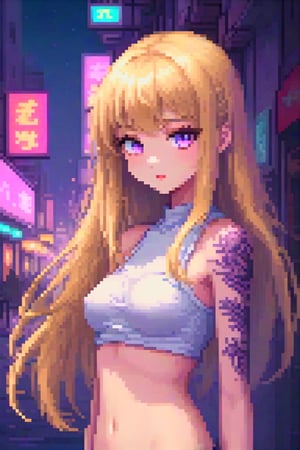 A young beautiful anime girl with long, straight, hip-length golden hair and bangs. She has large, expressive purple eyes with long eyelashes. The facial features are soft, doll-like, with high cheekbones and sensual full lips. Dragon tattoo on left shoulder. The figure is slender, but with seductive curves - firm breasts, thin waist and curvy hips. The background is a night city in neon lights.,pixel art