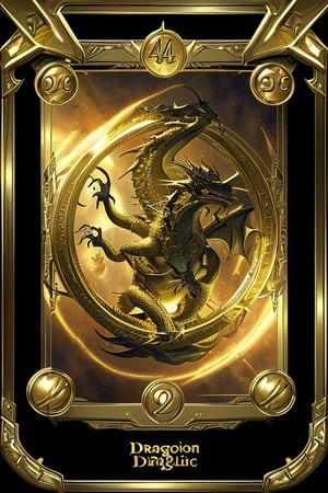 magic the gathering dragon card,  in a gold frame with a light gold field under the image of a dragon,  with a detailed description of the rules of the card
