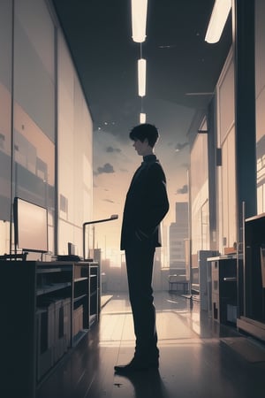 noir style detective standing in office thinking about case,  around table with compter led display,  night,  dark clouds seen throught small window with blinds