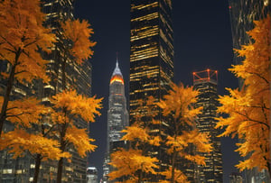 Night, autumn, skyscrapers with orange windows, lanterns highlight the golden foliage of the trees and are reflected in the glass of the skyscrapers