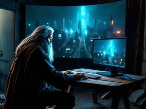 A homeless person who sits at a wooden table in front of a square black monitor and it generates images of a futuristic city, there is a dark system unit on the floor, he has long gray hair with a gray beard of about 55 years old, he is dressed in a dark brown wizard's cape, the environment is a typical homeless person's home, a semi-dump, in the open wall you can see a bright futuristic night city.