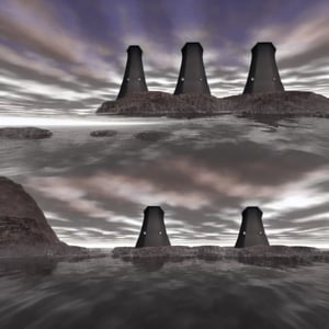 rocky coast, sky, water, cooling tower, skyscrapers,