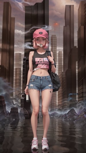 girl with pink shoulder-length hair in a brown cap smoking a vape dressed in denim short black shorts with torn ends and a black T-shirt on her white sneakers, around a futuristic city