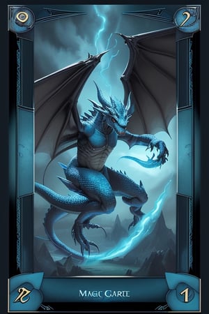 Magic the gathering dragon card,  in a blue frame with a light blue field under the image of a dragon,  with a detailed description of the rules of the card