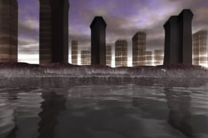 rocky coast, skyscrapers, sky, water, cooling tower, 